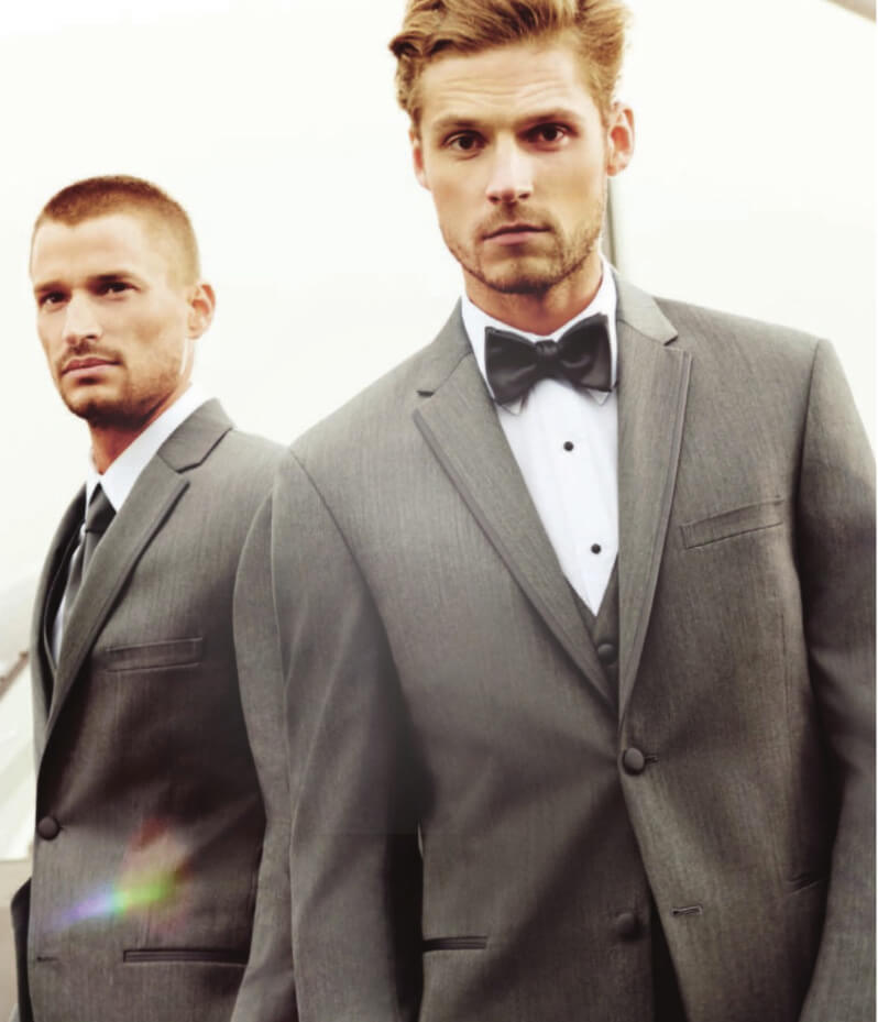 Male models wearing gray tuxedos