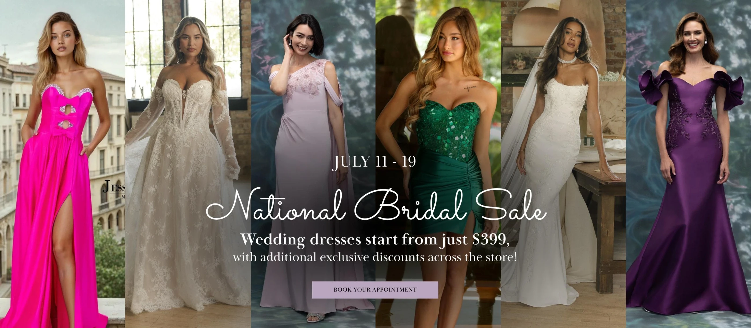 Multiple models wearing dresses, National Bridal Sale desktop banner