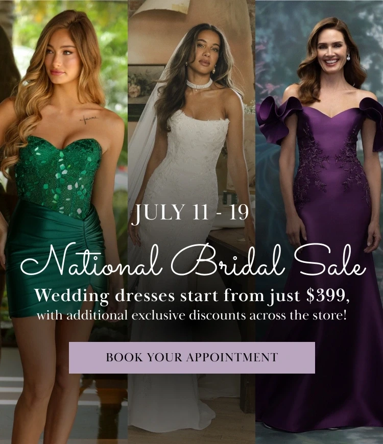 Multiple models wearing dresses, National Bridal Sale mobile banner